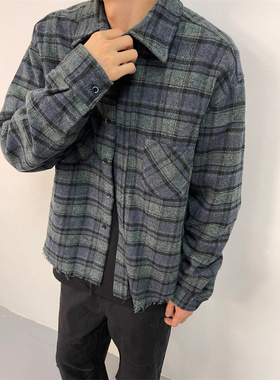 VUJADE 006 法兰绒格子墨绿色磨毛宽松休闲夹棉衬衫外套男女