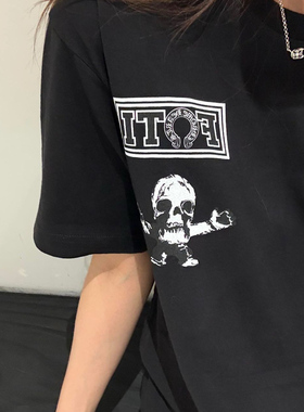 CH风格25SS 联名骷髅印花宽松休闲圆领黑色白色短袖男女
