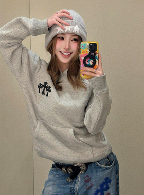 [现货]重磅自主25新款灰色幻影十字架大字母刺绣插肩袖卫衣银拉链