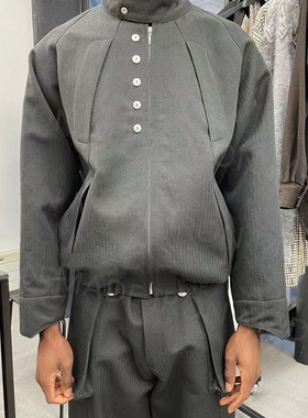 Omar Afridi混纺人字纹哈灵顿纽扣Tech Drizzler短宽版型羊毛夹克