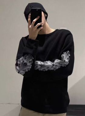 正确山羊绒定制自主黑色刺绣圆领套头针织羊绒花臂毛衣长袖男女