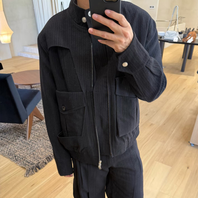 IRON自主Nullus25AW条纹羊毛套装六袋夹克/褶皱裤解构主义宽松