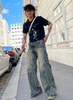 NO/FAITH STUDIOS 水洗做旧阔腿泥染黄色黑色宽松休闲牛仔裤男女