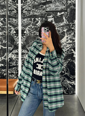 自主 2024FW新款CE风格 绿色格子宽松休闲衬衫外套男女同款