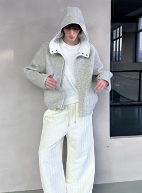 自主JI重磅轻奢羊驼毛毛呢连帽短宽阔型拉链夹克外套秋冬厚保暖