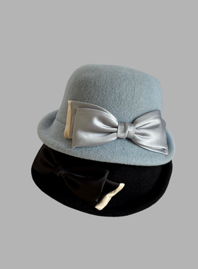 可折叠礼帽卷边渔夫帽盆帽白色蓝色精致优雅千金风女士秋冬羊毛呢