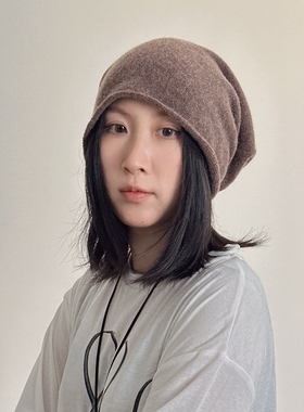 女士紫色灰色冷帽针织帽套头帽子秋冬棕色大帽型堆堆帽大头围男士