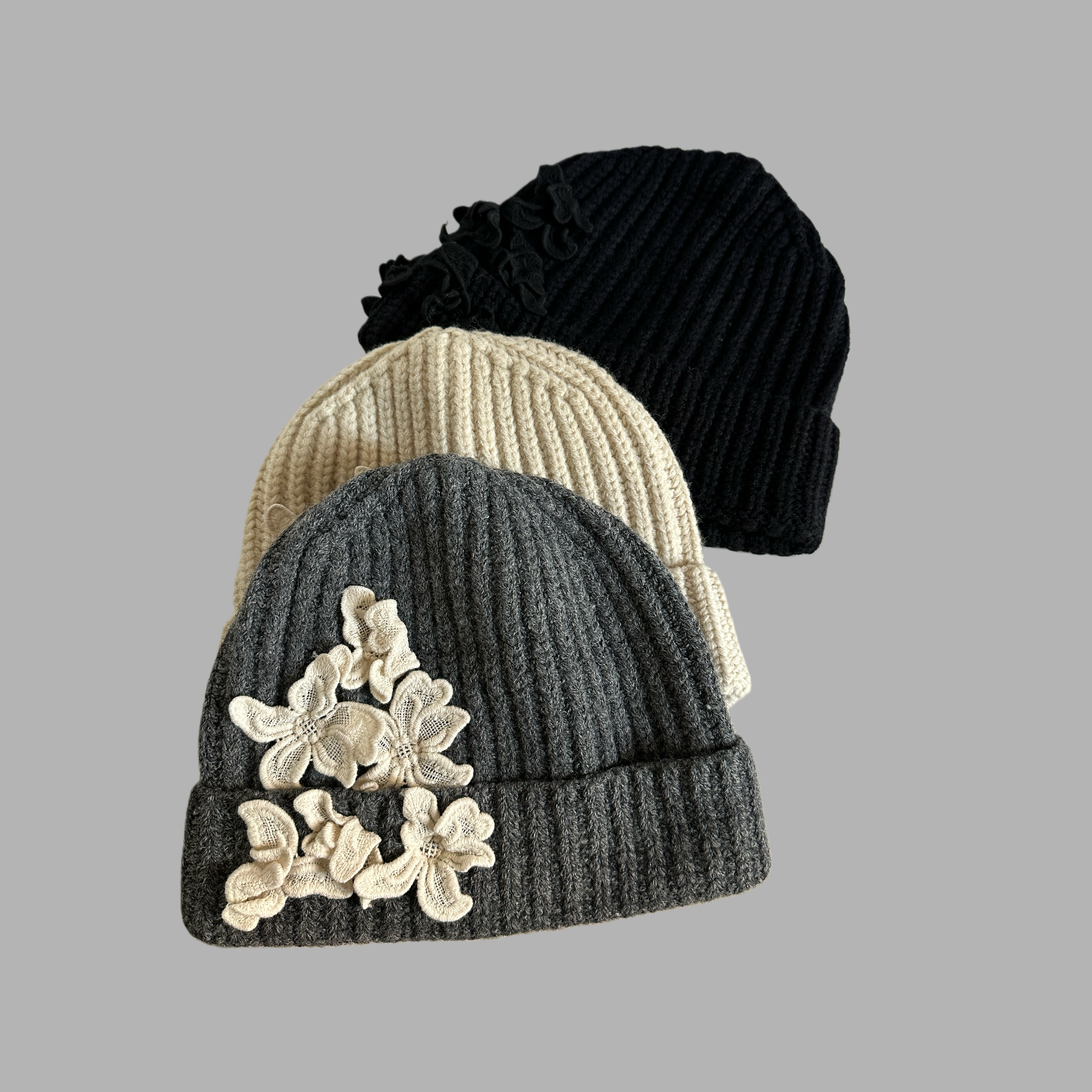 韩版毛线帽针织帽保暖户外洋气帽子秋冬手工蕾丝花朵女士灰色洋气