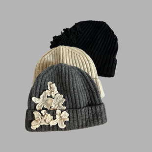 韩版毛线帽针织帽保暖户外洋气帽子秋冬手工蕾丝花朵女士灰色洋气