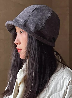 加厚渔夫帽盆帽显脸小时尚帽子秋冬日系灰色前长后短女士优雅保暖