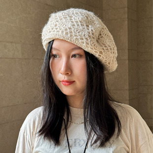 保暖帽米色咖色红色复古显脸小秋冬手工毛线针织钩花贝雷帽毛线帽