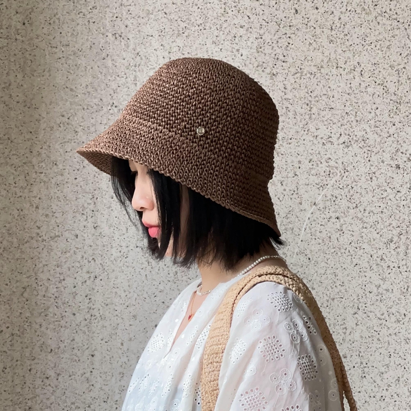 渔夫帽遮阳帽咖色可折叠卷边夏设计师款浅灰色手工编织帽女士草帽