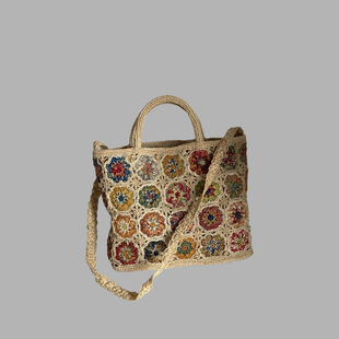 彩色花朵镂空春夏度假草编包斜挎包手提包带拉链女士手工拉菲草