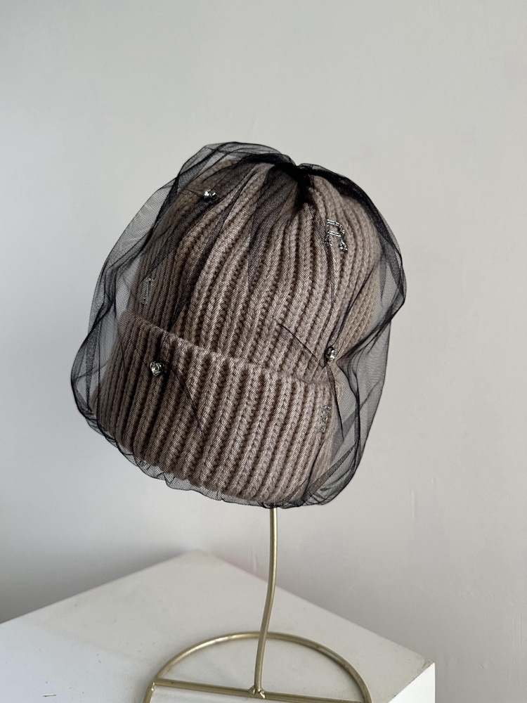 毛线帽高级感冬季针织帽潮人保暖网纱带钻字母时尚女士设计款小众