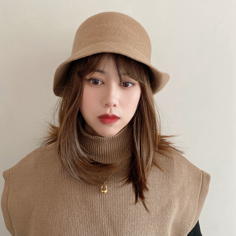 日本礼帽羊毛混纺卷边不规则显脸小4种戴法渔夫帽盆帽女士咖啡色