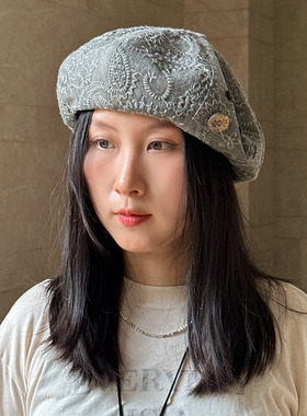 小众贝雷帽洋气灰色蓓蕾帽女士显瘦秋冬新款文艺复古手工印度刺绣