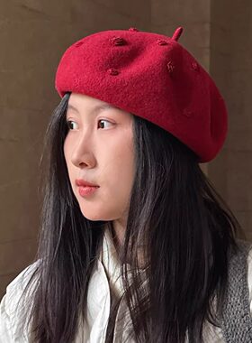 贝雷帽羊毛立体感蓓蕾帽秋冬帽子红色跨年款新年花朵女士保暖秋冬