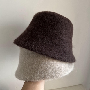 盆帽水桶帽棕色高级感显脸小冬羊驼毛绵羊毛混纺女士厚保暖渔夫帽