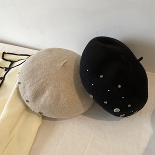 专柜新款手工珠珠带钻贝雷帽羊毛保暖蓓蕾帽女士秋冬毛呢优雅帽子