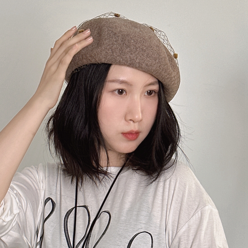 保暖蓓蕾帽时尚日系白色黑色洋气款手工网纱女士贝雷帽羊毛呢秋冬