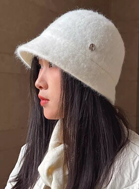 盆帽显脸小白色浅蓝色可折叠保暖前长后短兔毛羊毛混纺渔夫帽秋冬