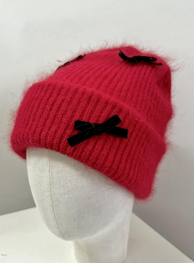 新年红色毛线帽针织帽精致灰色兔毛混纺加厚女冬季保暖可爱龙年