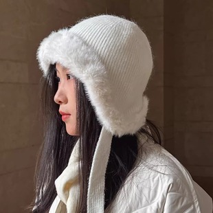 骑车帽时尚洋气白色灰色女冬季加厚保暖带内里双层护耳帽飘带防风