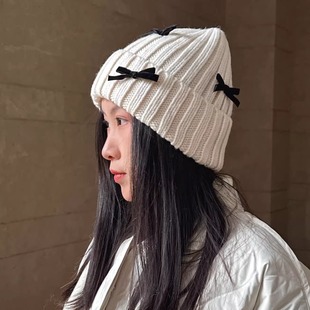 显脸小设计师款秋冬亲子帽子蝴蝶结白色羊毛混纺女士毛线帽针织帽