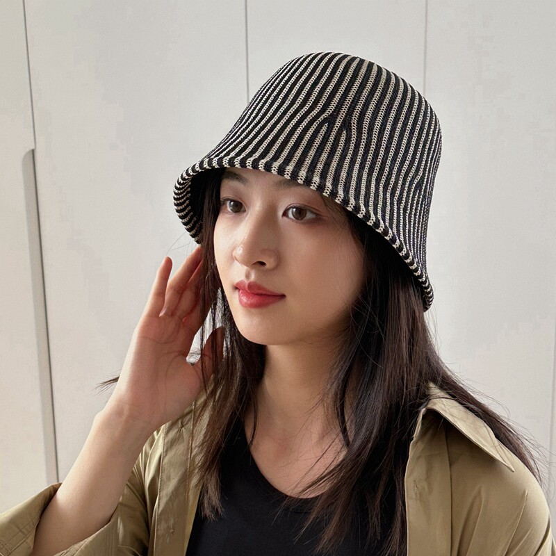 日本和纸帽子女夏季透气轻薄黑白条纹水桶帽设计师款短檐休闲洋气