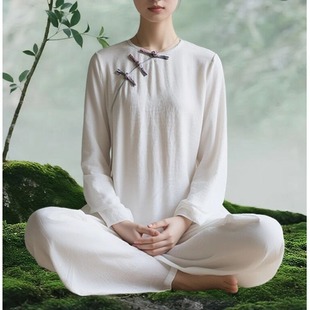 新中式修行禅服佛系禅意女装棉麻套装素衣斜襟上衣寺院打坐居士服