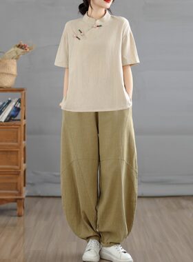 禅修居士服女夏季棉麻佛系禅意素衣套装中式斜襟上衣寺院修行茶服