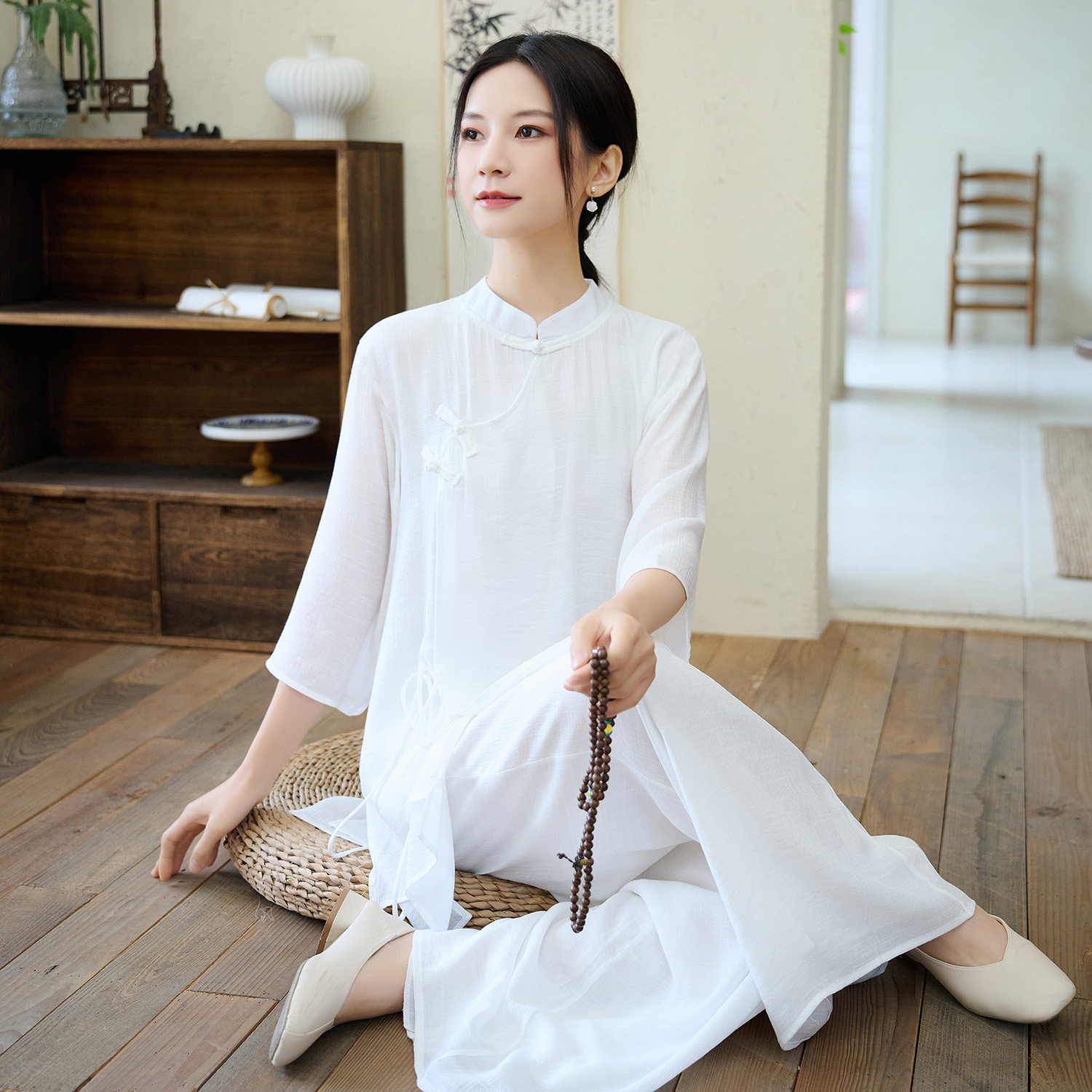 佛系禅意女装亚麻素衣中国风棉麻茶服打坐套装拜佛衣服居士禅修服