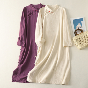 茶服棉麻斜襟连衣裙新中式 国风外套佛系禅意居士禅修服打坐上衣