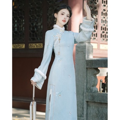 茶服仙女禅意加绒连衣裙中式国风日常古琴汉服秋冬茶艺师工作服