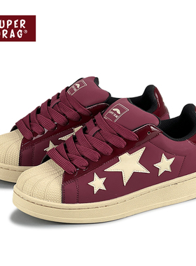 超拽SUPERDRAG 贝壳头酒红低帮板鞋女2024新款复古百搭学生休闲鞋