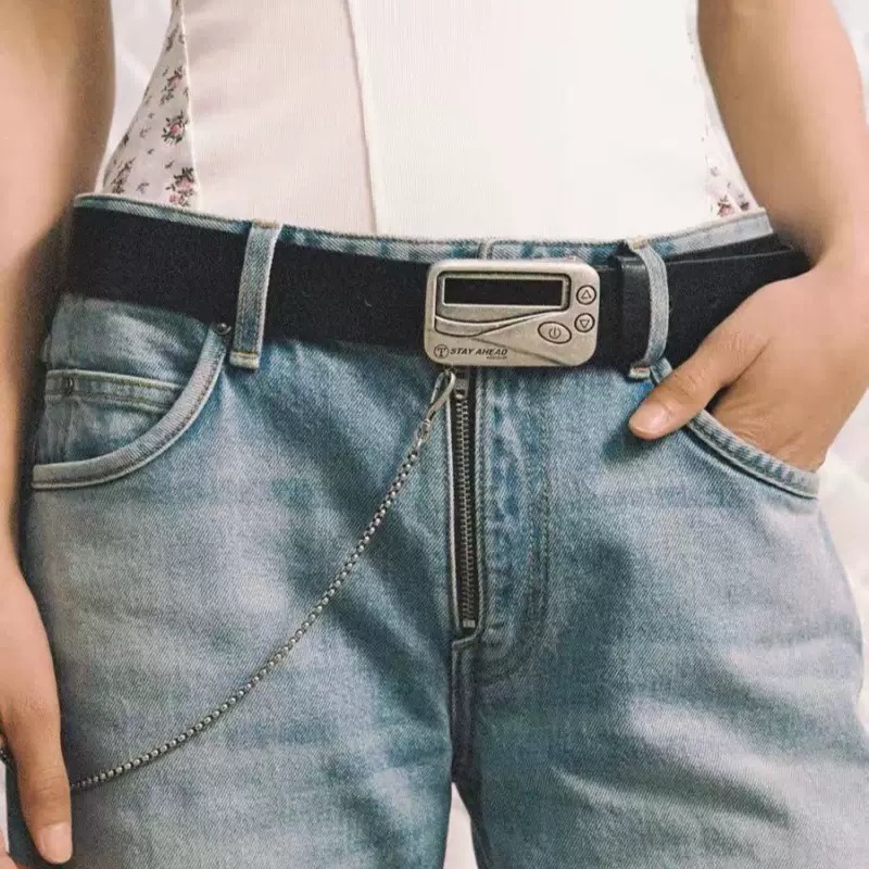 朋克风链皮带小众设计感个性复古传呼机扣头腰带男女同款百搭皮带