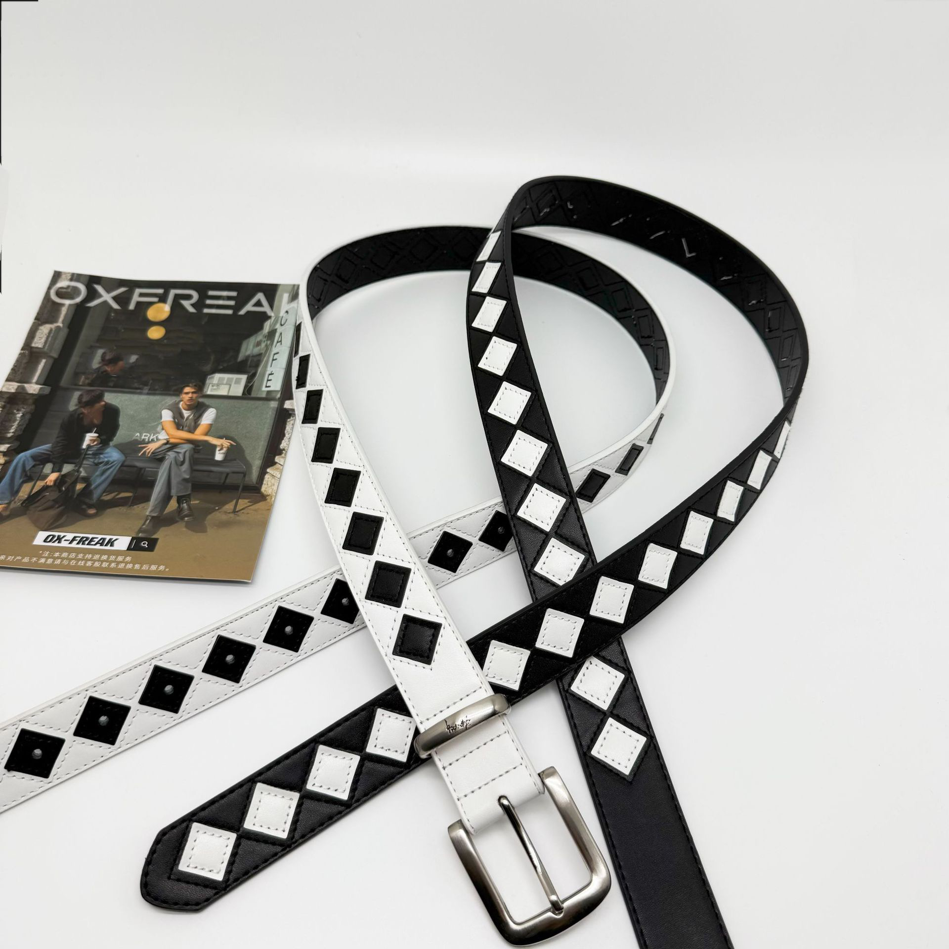 黑白棋盘格皮带男潮流男女通用百搭格子腰带潮明星同款高街风裤带