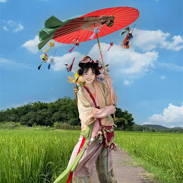 千爱千熙油纸伞长杆货女郎新中式汉服伞黄色长柄伞拍婚纱照道具伞