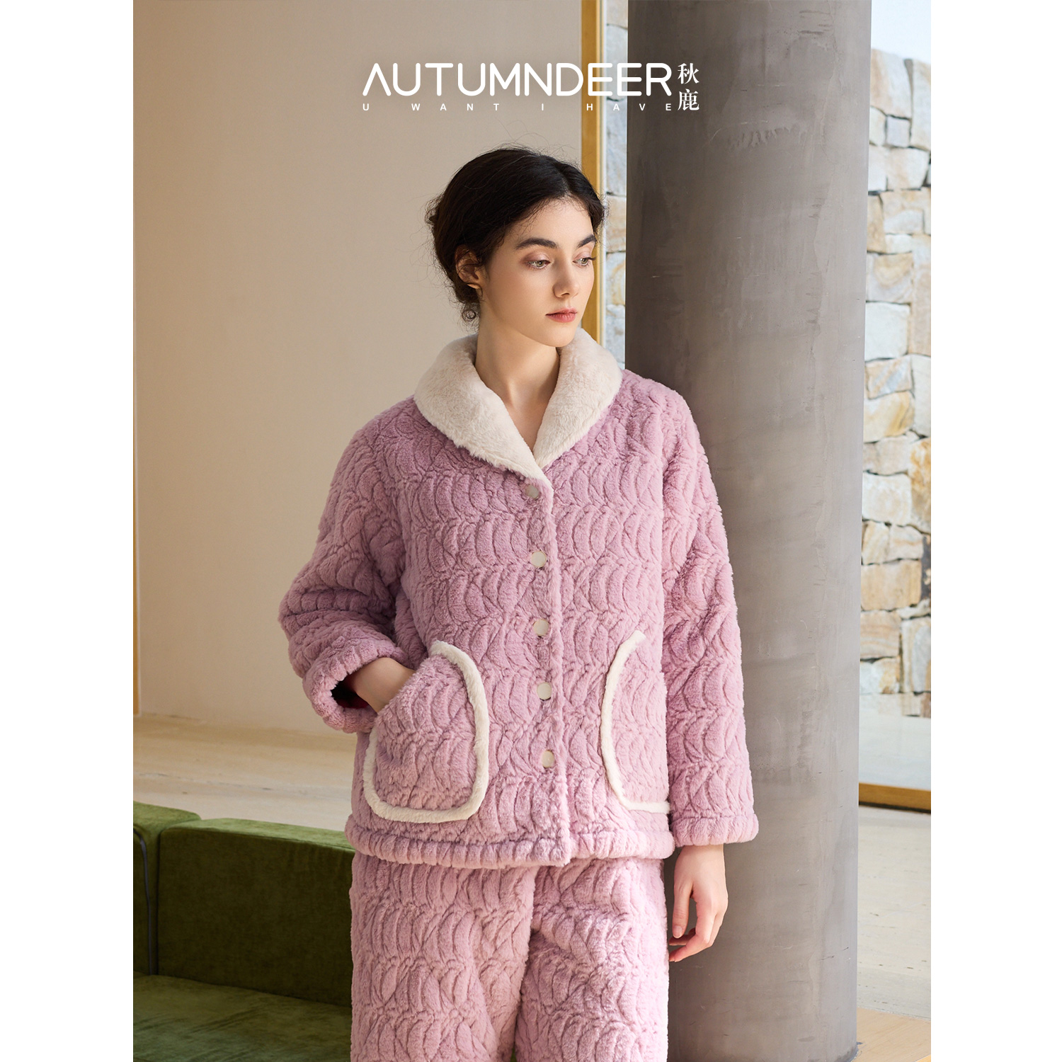 秋鹿兔毛绒三层夹棉睡衣女加厚可外穿秋冬珊瑚绒青棵领家居服套装
