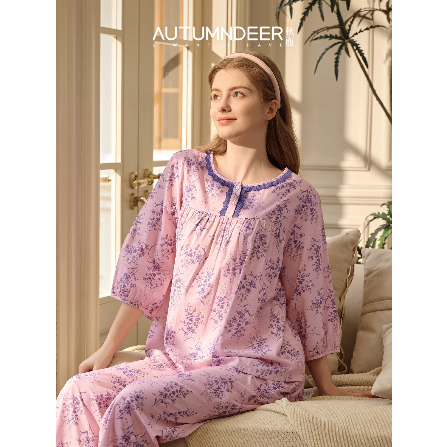 秋鹿睡衣女士圆领蕾丝碎花宽松绝美七分袖九分裤2026春新款家居服