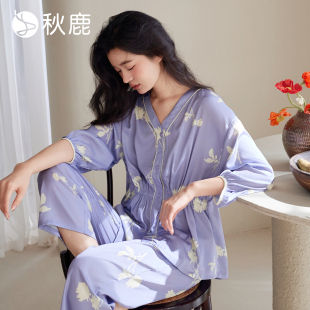 秋鹿丝绸睡衣女2025春夏新款 高级感南韩丝八分袖 冰丝家居服套装