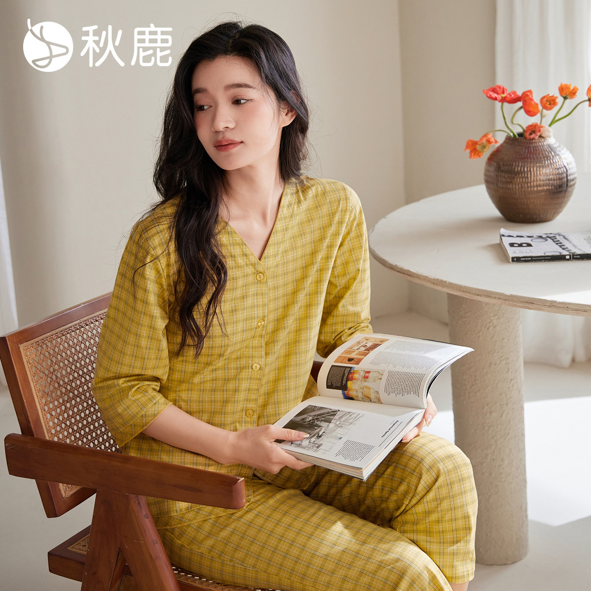 秋鹿针织纯棉睡衣女2026春秋格子简约七分袖大码宽松家居服套装