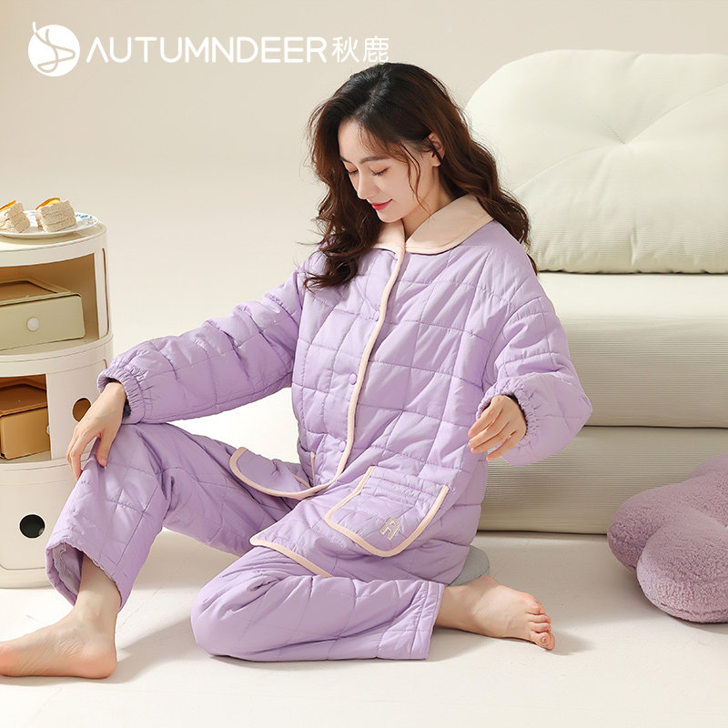 秋鹿三层加厚夹棉睡衣女款冬季2024新款冬天保暖居家纯棉家居服女,女士内衣/男士内衣/家居服,睡衣/家居服套装,淘宝优惠券,粉丝福利购,淘宝优惠卷