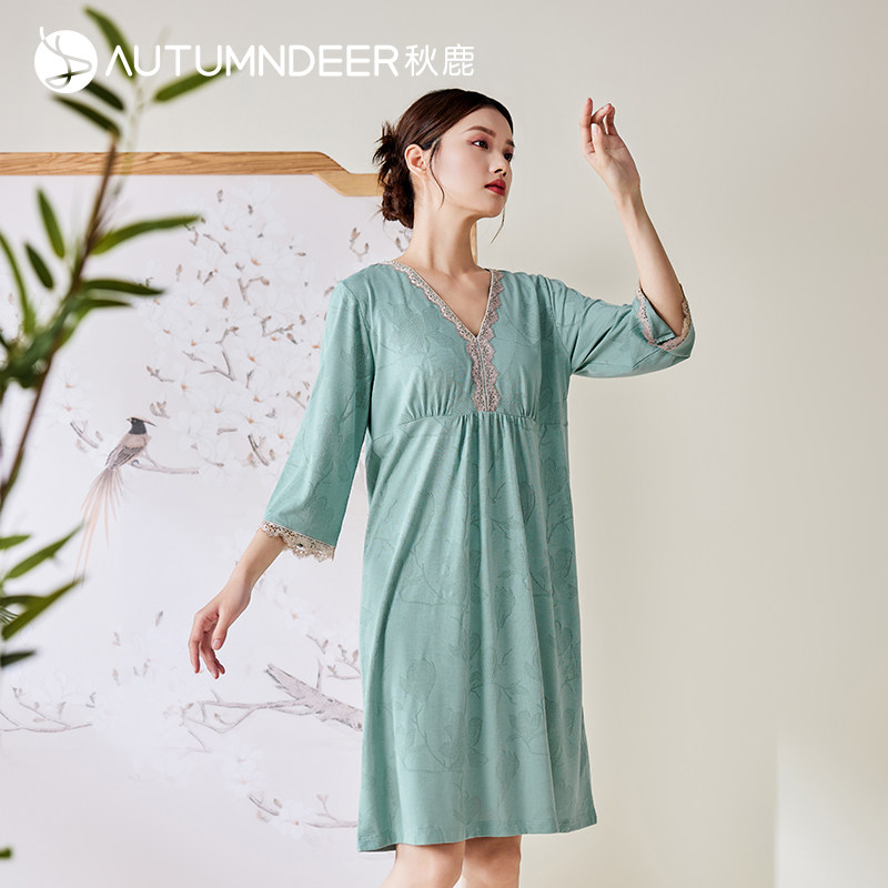 秋鹿针织提花棉睡衣女春秋季新中式国风蕾丝花边七分袖家居服睡裙