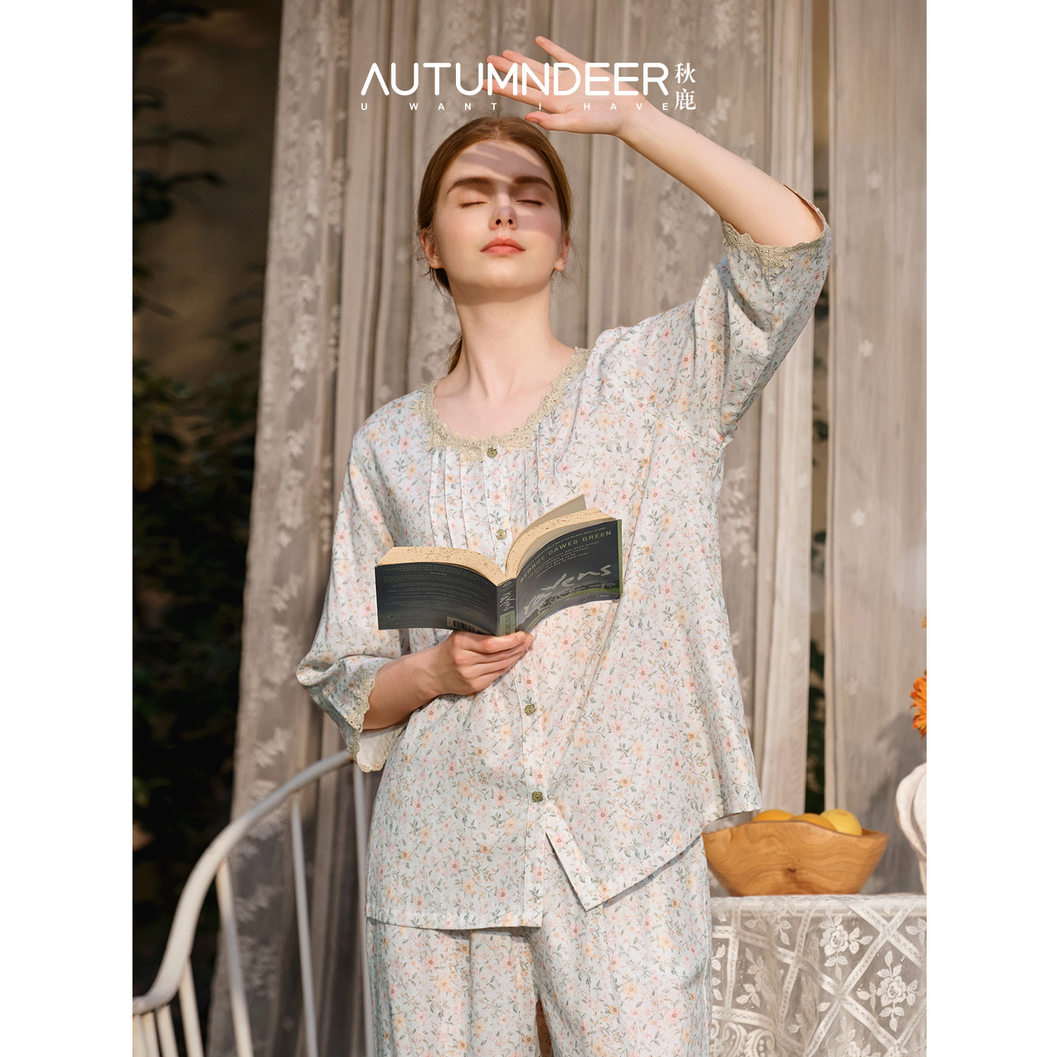 秋鹿纯棉睡衣女士10A抗菌圆领蕾丝碎花边七分袖2026春新款家居服