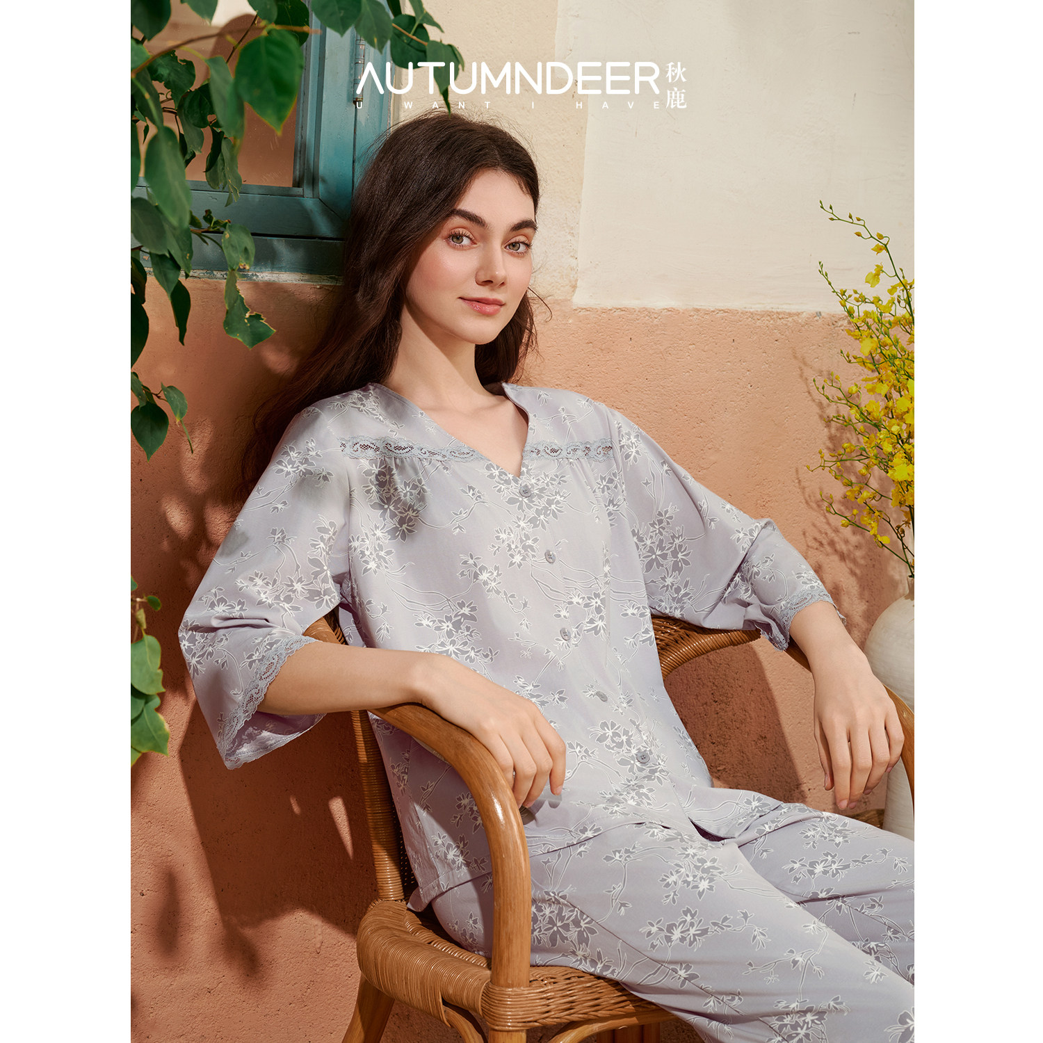 秋鹿睡衣女士纯棉简约V领蕾丝碎花绝美九分裤2026春夏新款家居服