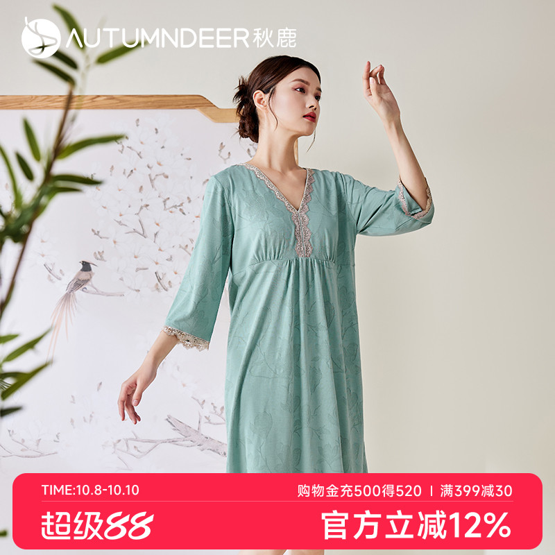 秋鹿针织提花棉睡衣女春秋季新中式国风蕾丝花边七分袖家居服睡裙