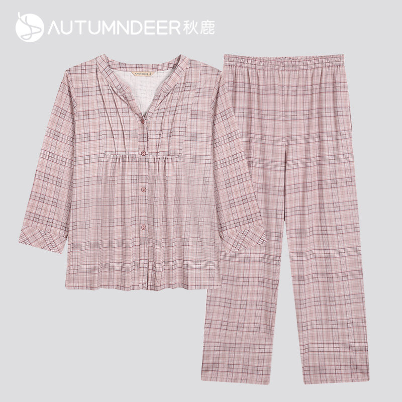 秋鹿【清仓】针织纯棉小格子睡衣女春秋款七分袖九分裤少女家居服