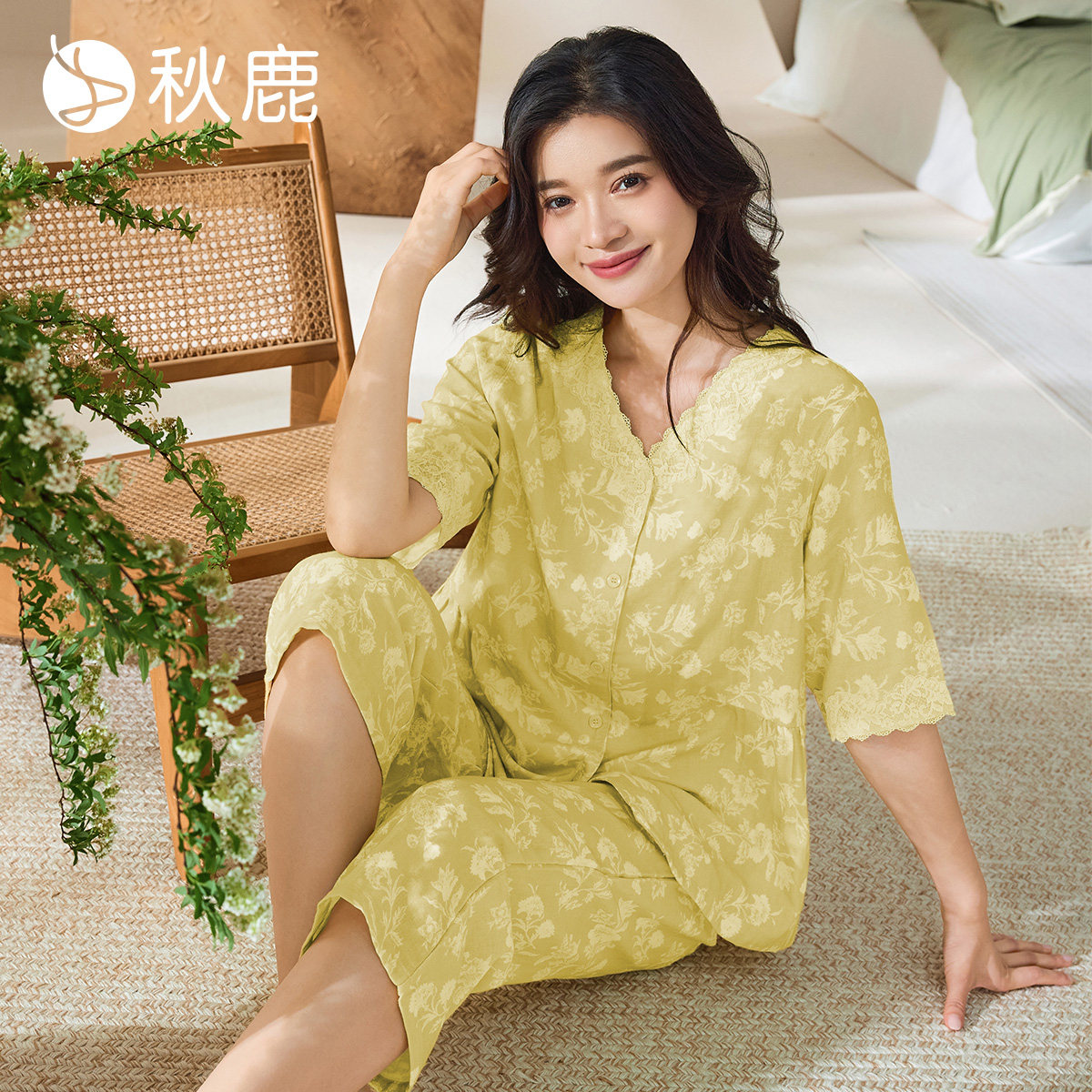 秋鹿夏日花风铃木薄款双层纱睡衣女士印花V领五分袖九分裤家居服