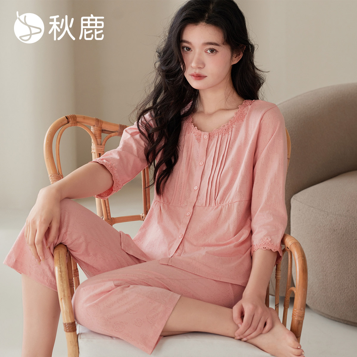 秋鹿牡丹提花立体蕾丝花边睡衣女士2026新款春季七分袖家居服套装